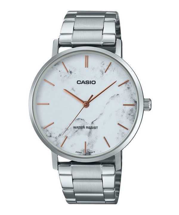 Orologio da uomo Casio Standard Analogico in acciaio inossidabile con quadrante bianco ispirato al marmo al quarzo MTP-VT01DM-7A