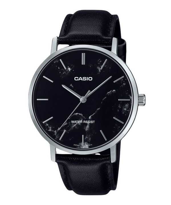 Casio Standard Analogico Cinturino in Pelle Nera Quadrante Nero Ispirato al Marmo Orologio da Uomo al Quarzo MTP-VT01LM-1A