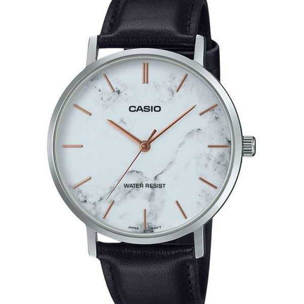 Casio Standard Analogico Cinturino in Pelle Nera Quadrante Bianco Ispirato al Marmo Orologio da Uomo al Quarzo MTP-VT01LM-7A
