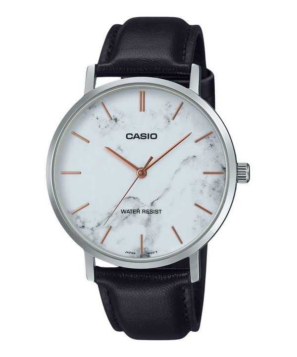 Casio Standard Analogico Cinturino in Pelle Nera Quadrante Bianco Ispirato al Marmo Orologio da Uomo al Quarzo MTP-VT01LM-7A
