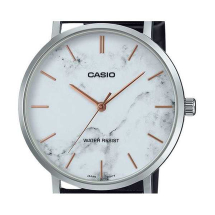 Casio Standard Analogico Cinturino in Pelle Nera Quadrante Bianco Ispirato al Marmo Orologio da Uomo al Quarzo MTP-VT01LM-7A