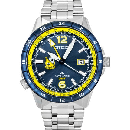 Orologio da uomo Citizen GMT analogico con quadrante blu navy in acciaio inossidabile, modello NB6044-54L, impermeabile fino a 200 metri.