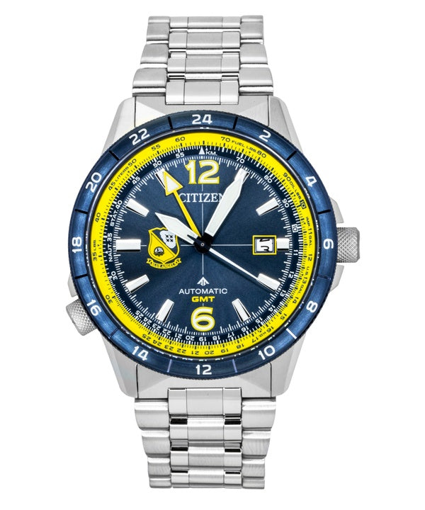 Orologio da uomo Citizen GMT analogico con quadrante blu navy in acciaio inossidabile, modello NB6044-54L, impermeabile fino a 200 metri.