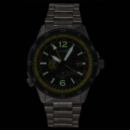 Orologio da uomo Citizen GMT analogico con quadrante blu navy in acciaio inossidabile, modello NB6044-54L, impermeabile fino a 200 metri.