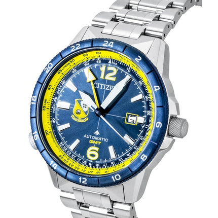 Orologio da uomo Citizen GMT analogico con quadrante blu navy in acciaio inossidabile, modello NB6044-54L, impermeabile fino a 200 metri.
