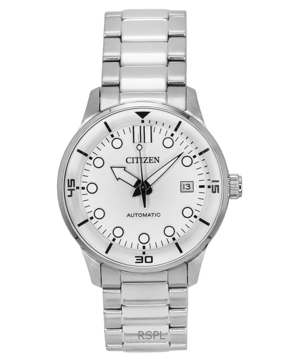 Orologio da uomo Citizen automatico in acciaio inossidabile con quadrante bianco NJ0191-83L 100M