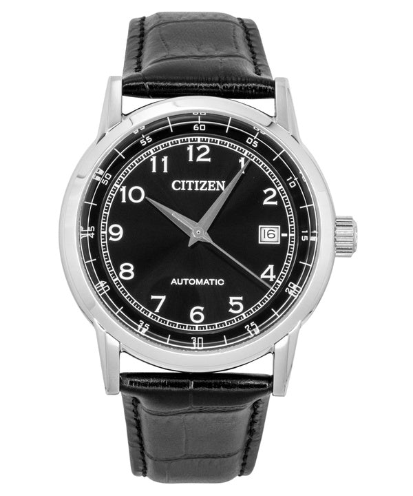 Orologio da uomo Citizen NJ0210-05E con cinturino in pelle di vitello, quadrante nero, automatico e impermeabile fino a 100 metri.