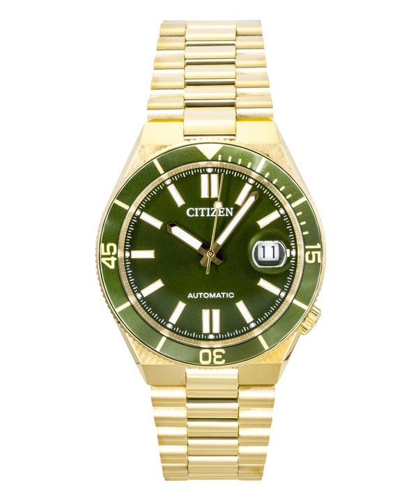 Orologio da uomo Citizen Tsuyosa Shore analogico con quadrante verde e finitura oro, modello NJ0232-53X, impermeabile fino a 100 metri.