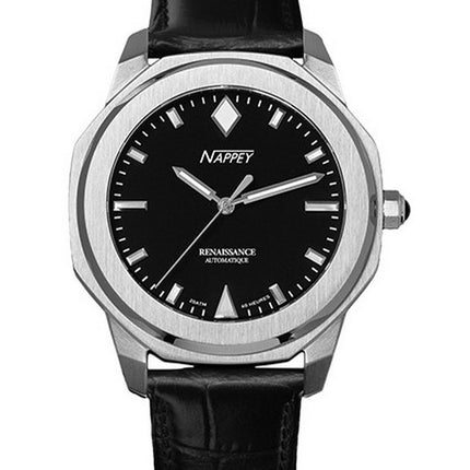 Orologio automatico Nappey Renaissance in acciaio e pelle scamosciata nera NY41-AD1M-3B6A 200M unisex