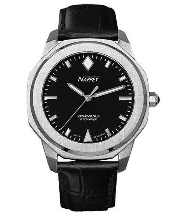 Orologio automatico Nappey Renaissance in acciaio e pelle scamosciata nera NY41-AD1M-3B6A 200M unisex