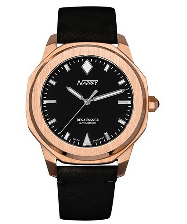 Orologio Nappey Renaissance in oro rosa e pelle scamosciata nera automatico NY41-BD1M-3B1A 200M unisex