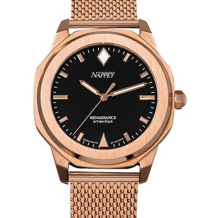 Orologio Nappey Renaissance in oro rosa e nero milanese automatico NY41-BD1M-6B9A 200M unisex