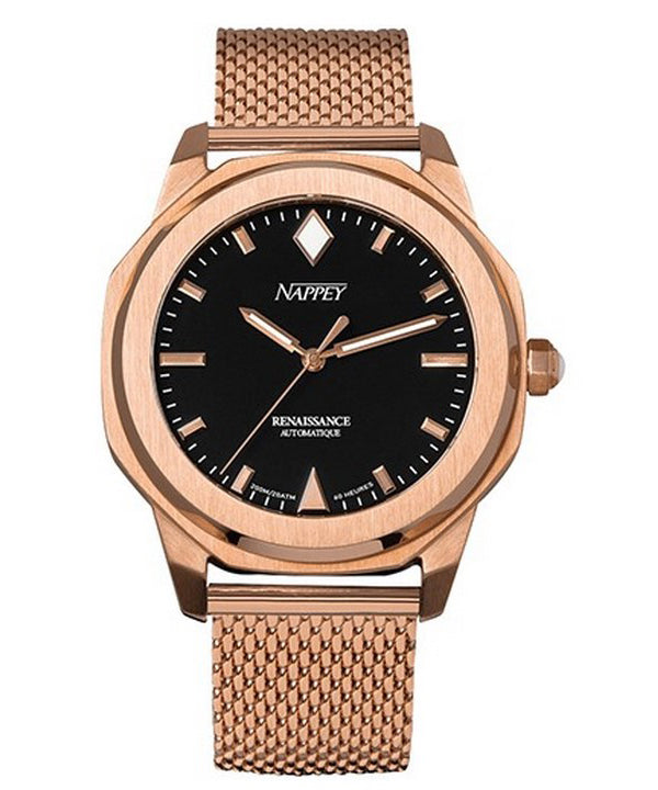 Orologio Nappey Renaissance in oro rosa e nero milanese automatico NY41-BD1M-6B9A 200M unisex