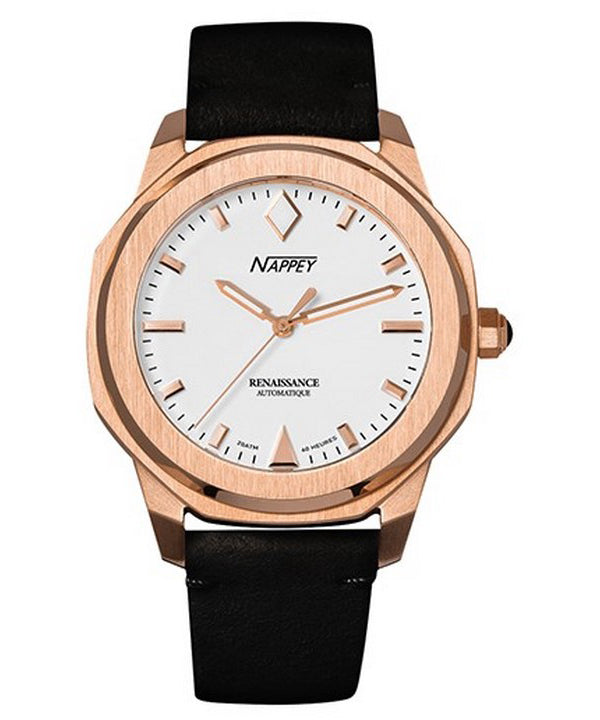 Orologio Nappey Renaissance in oro rosa e pelle scamosciata bianca automatico NY41-BD2M-3B1A 200M unisex