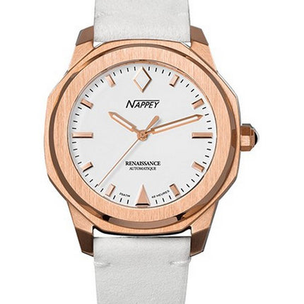 Orologio Nappey Renaissance in oro rosa e pelle scamosciata bianca automatico NY41-BD2M-3B2A 200M unisex