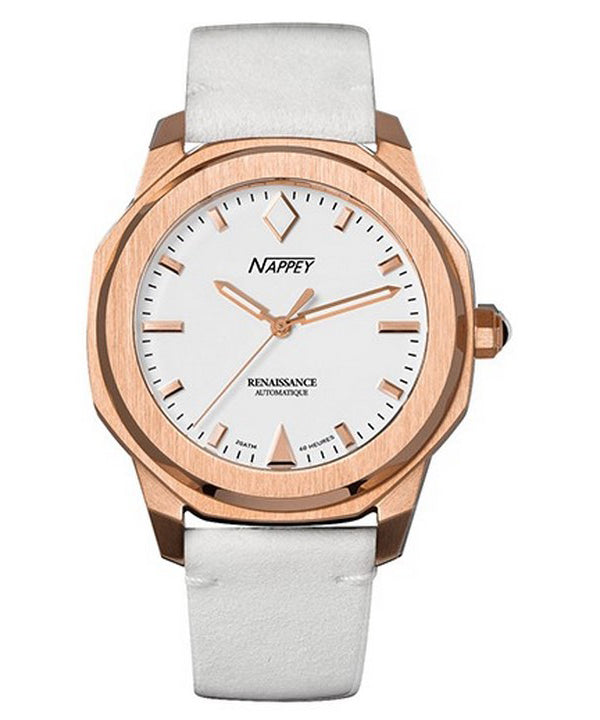 Orologio Nappey Renaissance in oro rosa e pelle scamosciata bianca automatico NY41-BD2M-3B2A 200M unisex