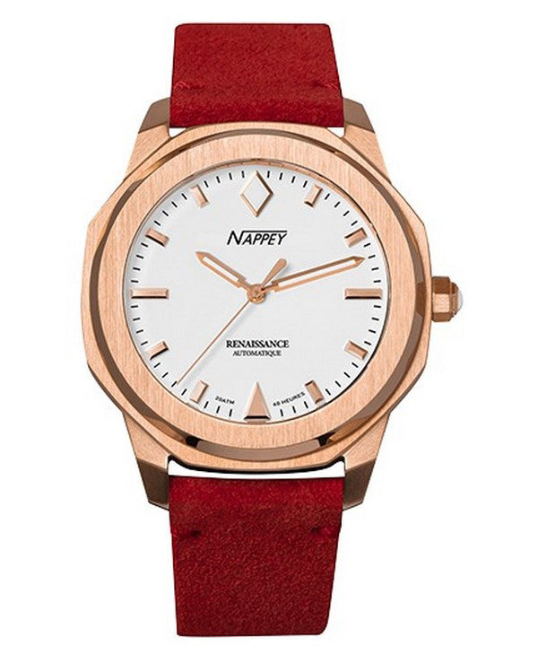 Orologio unisex Nappey Renaissance in oro rosa e pelle scamosciata bianca automatico NY41-BD2M-3B6A 200M