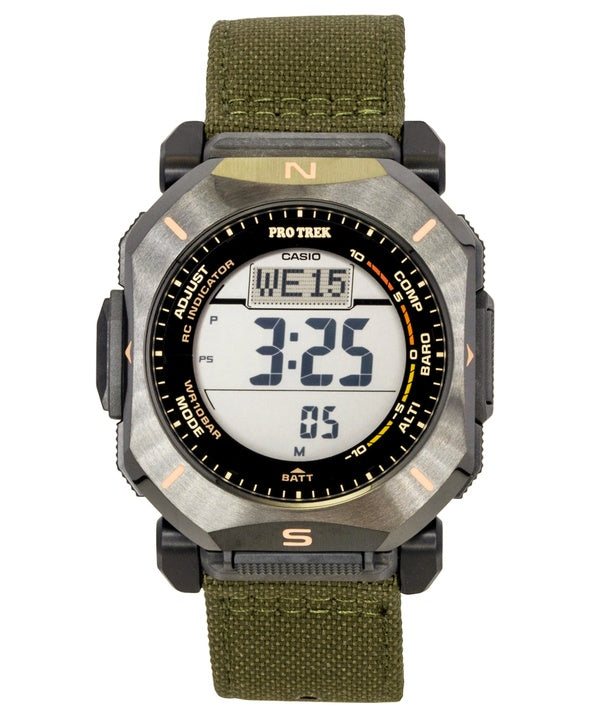 Orologio da uomo Casio Pro Trek Digital con cinturino in tessuto verde, a energia solare, modello PRW-69YB-3, impermeabile fino a 100 metri.