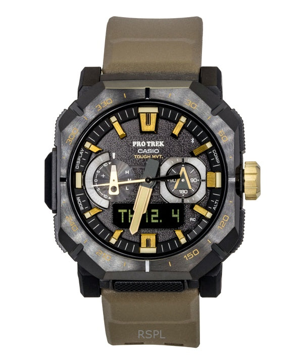 Orologio da uomo Casio Pro Trek Analog Digital Smartphone Link con cinturino in gomma marrone e quadrante nero Solar PRW-B1000-5 100M