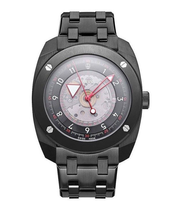 DWISS R2 Floating Hours Display Bracciale in acciaio inossidabile Quadrante scheletro nero Orologio da uomo automatico R2-BB-BRA