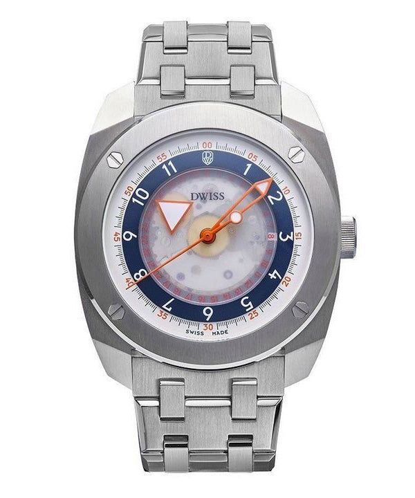 DWISS R2 Floating Hours Display Acciaio inossidabile Quadrante scheletrato blu e bianco Orologio da uomo automatico R2-SL-BRACEL