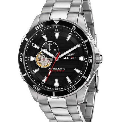 Orologio da uomo Sector ADV2500 Automatico in acciaio inossidabile a cuore aperto con quadrante nero automatico R3223243001 100M