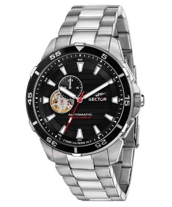 Orologio da uomo Sector ADV2500 Automatico in acciaio inossidabile a cuore aperto con quadrante nero automatico R3223243001 100M