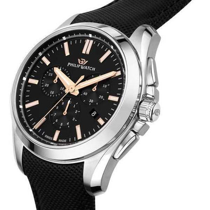 Philip Watch Swiss Made Amalfi Cronografo Cinturino in pelle Quadrante nero Quarzo R8271618002 Orologio da uomo 100M