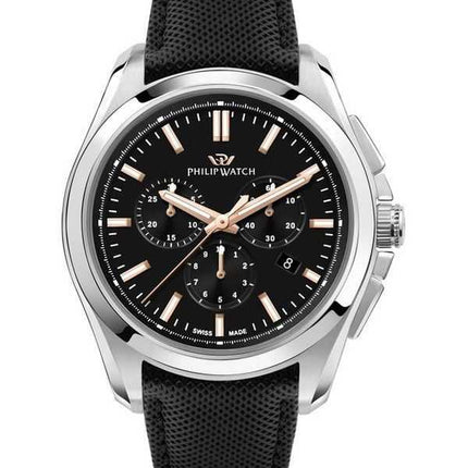 Philip Watch Swiss Made Amalfi Cronografo Cinturino in pelle Quadrante nero Quarzo R8271618002 Orologio da uomo 100M