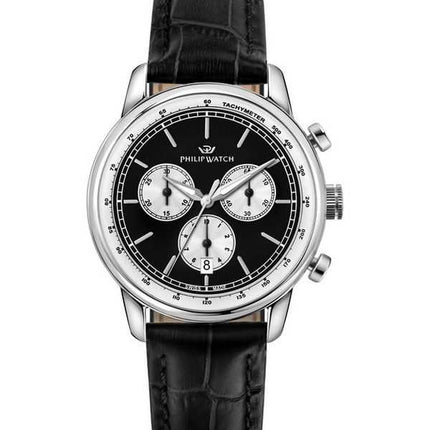 Philip Watch Swiss Made Anniversary Cronografo Cinturino in pelle Quadrante nero Quarzo R8271650002 Orologio da uomo 100M