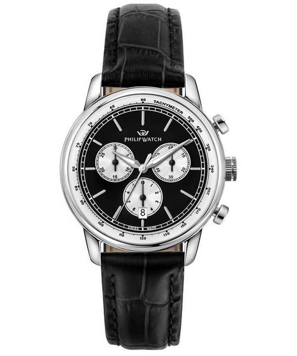 Philip Watch Swiss Made Anniversary Cronografo Cinturino in pelle Quadrante nero Quarzo R8271650002 Orologio da uomo 100M