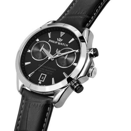 Philip Watch Swiss Made Blaze Cronografo Cinturino in pelle Quadrante nero Quarzo R8271665009 Orologio da uomo 100M