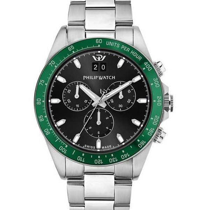 Orologio da uomo Philip Watch Swiss Made Caribe Sport Cronografo in acciaio inossidabile quadrante nero Sunray al quarzo R827360