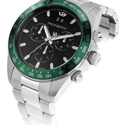 Orologio da uomo Philip Watch Swiss Made Caribe Sport Cronografo in acciaio inossidabile quadrante nero Sunray al quarzo R827360