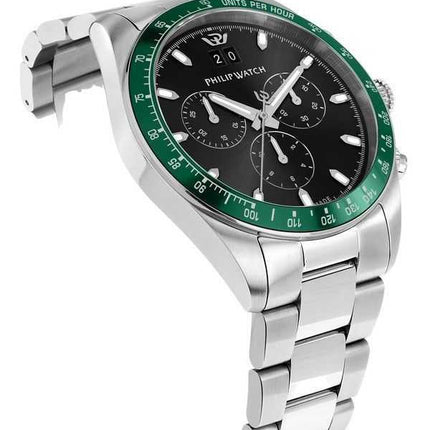 Orologio da uomo Philip Watch Swiss Made Caribe Sport Cronografo in acciaio inossidabile quadrante nero Sunray al quarzo R827360