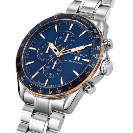Philip Watch Swiss Made Blaze Cronografo in acciaio inossidabile quadrante blu al quarzo R8273995006 Orologio da uomo 100M