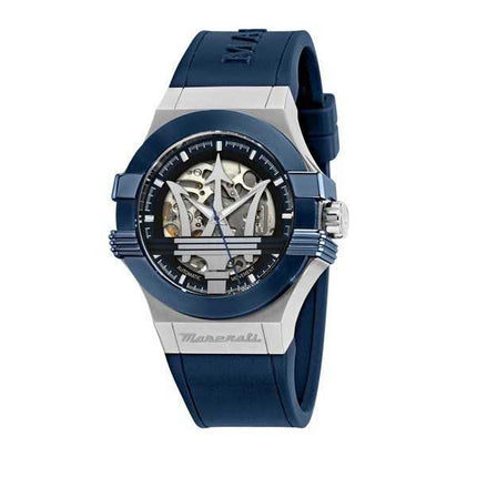 Orologio da uomo Maserati Potenza cinturino in caucciù blu quadrante scheletrato argento automatico R8821108035 100M