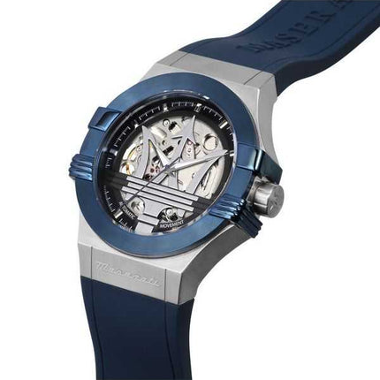 Orologio da uomo Maserati Potenza cinturino in caucciù blu quadrante scheletrato argento automatico R8821108035 100M