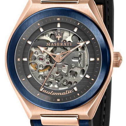 Maserati Triconic Skeleton quadrante grigio cinturino in pelle automatico R8821139002 Orologio da uomo 100M