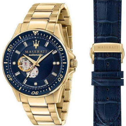 Maserati Sfida Limited Edition Diamond Accents Cuore aperto Quadrante blu Automatico R8823140004 100M Orologio da uomo Set regal