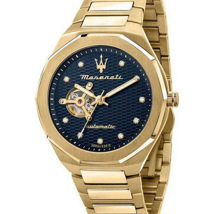 Maserati Stille Diamond Accents Gold Tone Acciaio inossidabile Cuore aperto Quadrante blu Automatico R8823140006 100M Orologio d