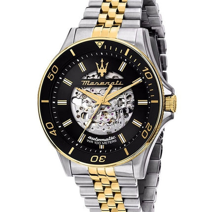 Orologio da uomo Maserati Sfida bicolore in acciaio inossidabile scheletrato quadrante nero Sunray automatico R8823140010 100M