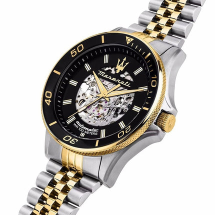 Orologio da uomo Maserati Sfida bicolore in acciaio inossidabile scheletrato quadrante nero Sunray automatico R8823140010 100M