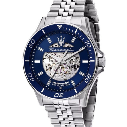 Orologio da uomo Maserati Sfida in acciaio inossidabile con scheletro e quadrante blu Sunray automatico R8823140011 100M