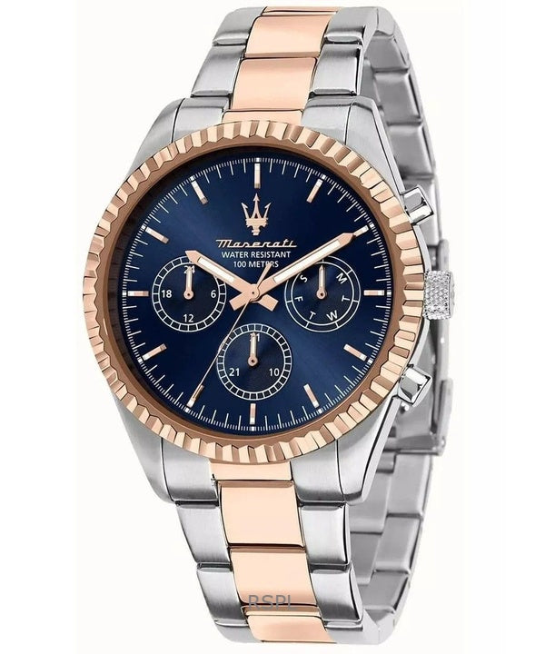 Orologio da uomo Maserati Competition Two Tone in acciaio inossidabile con quadrante blu Sunray al quarzo R8853100040 100M