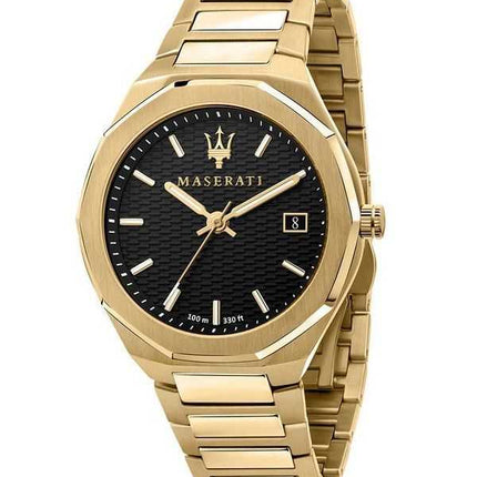 Orologio da uomo Maserati Stile tono oro in acciaio inossidabile quadrante nero al quarzo R8853142004 100M