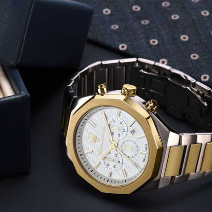 Orologio da uomo Maserati Stile Cronografo bicolore in acciaio inossidabile quadrante bianco R8873642009 100M