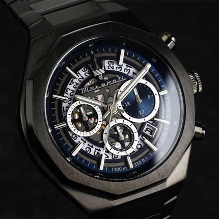 Orologio da uomo Maserati Stile Cronografo in acciaio inossidabile quadrante scheletrato blu al quarzo R8873642012 100M