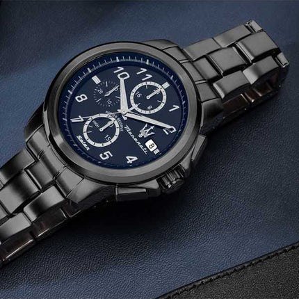 Orologio da uomo Maserati Successo in edizione limitata, cronografo in acciaio inossidabile, quadrante blu, solare, R8873645006