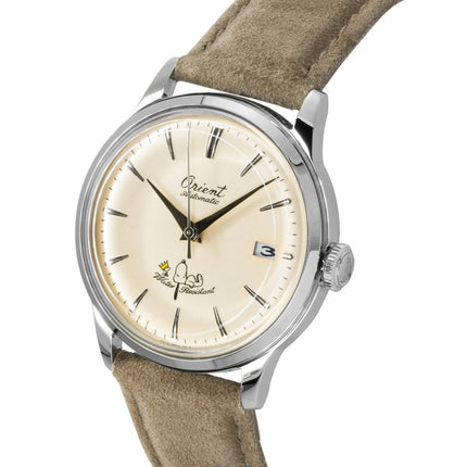Orologio da uomo Orient Bambino Peanuts 75th Anniversary Limited Edition con cinturino in pelle e quadrante champagne, automatico RA-AC0M17G